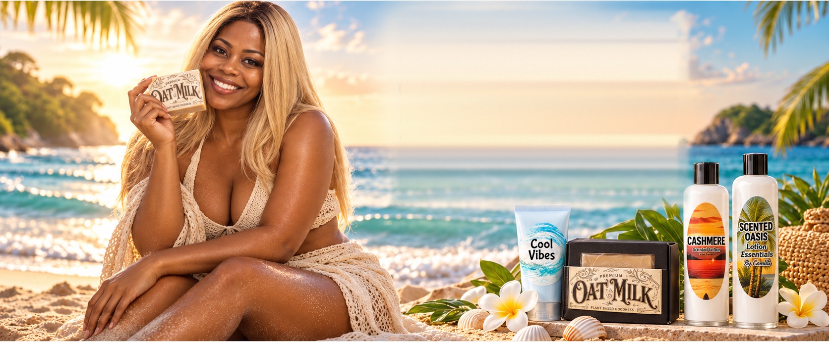 Lifestyle model seated on a tropical beach beside Wifey1000 soaps and lotions