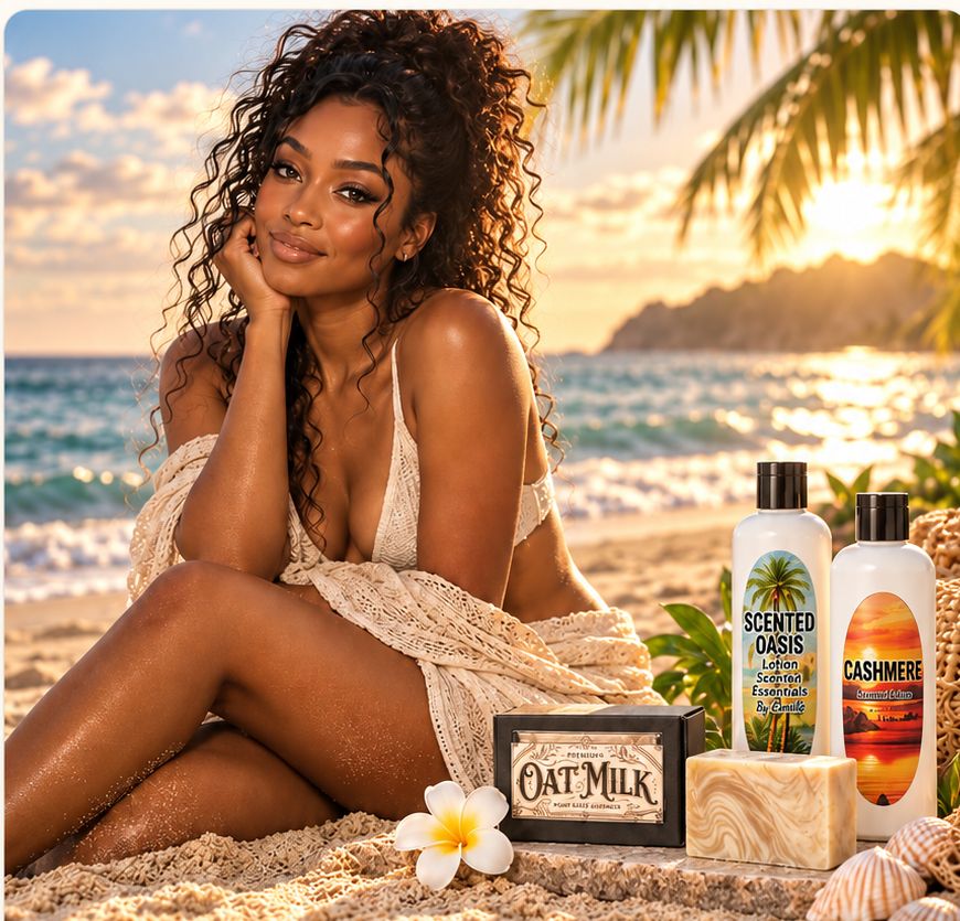 Wifey1000 handcrafted soaps and lotions arranged in a tropical beach campaign scene